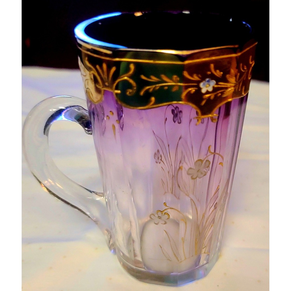 Antique Moser Art Bohemian Amethyst and Gold Gilt Floral Beaker Spa Glass